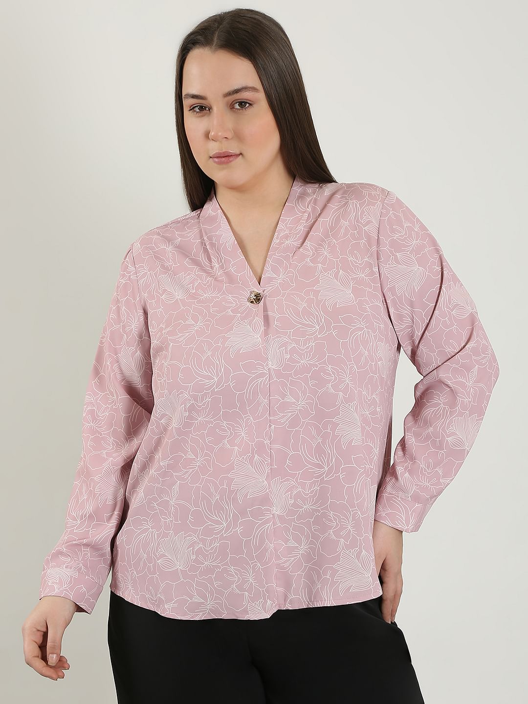 Curve Pink Printed V Neck Top