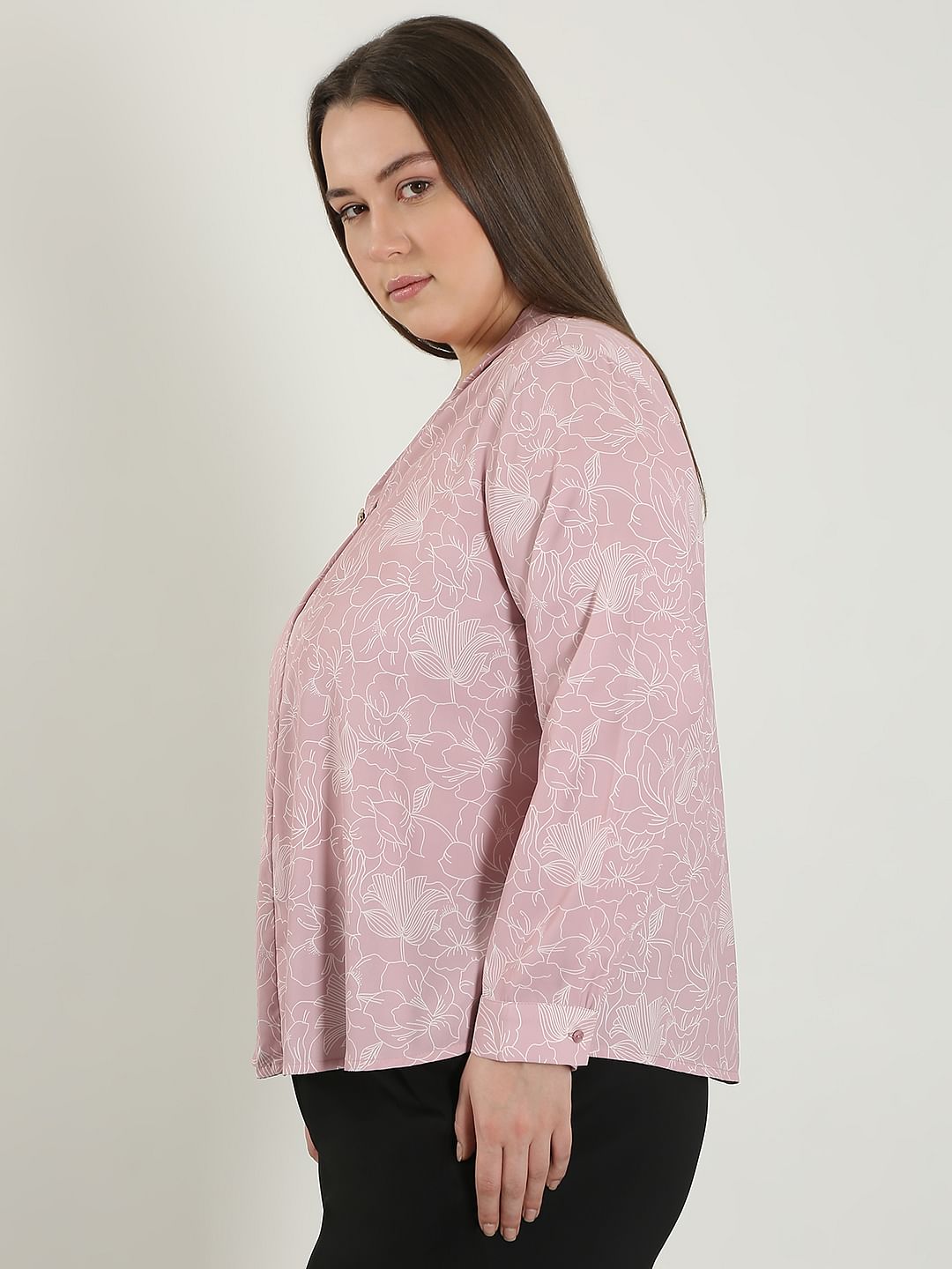 Curve Pink Printed V Neck Top
