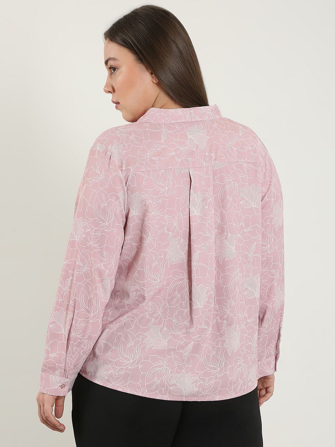 Curve Pink Printed V Neck Top