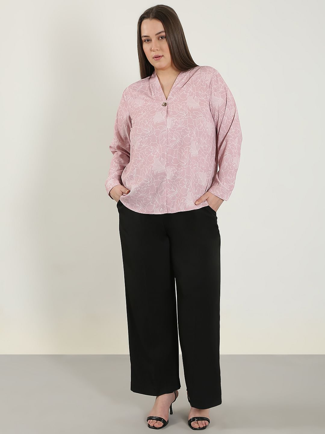 Curve Pink Printed V Neck Top