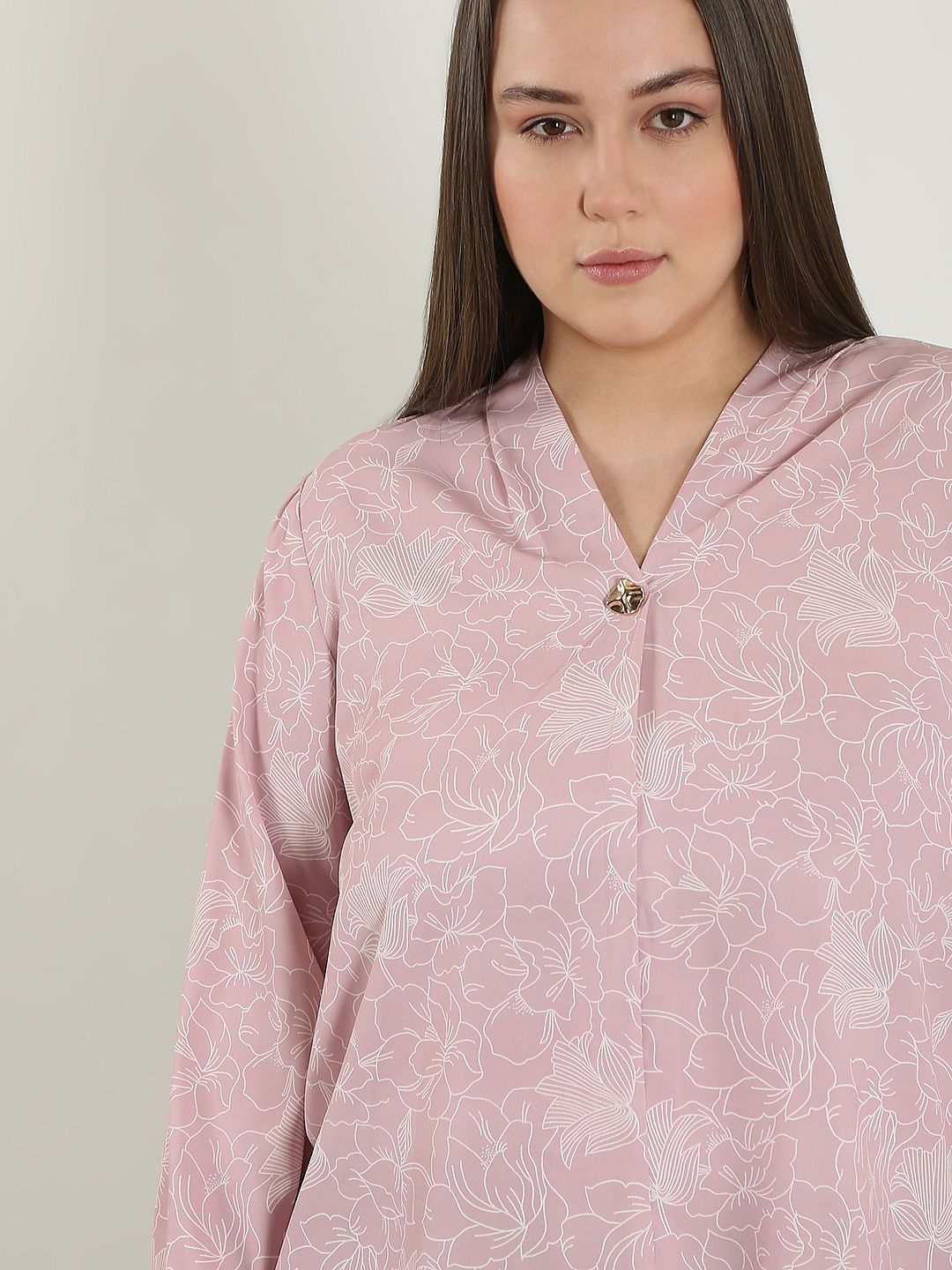 Curve Pink Printed V Neck Top