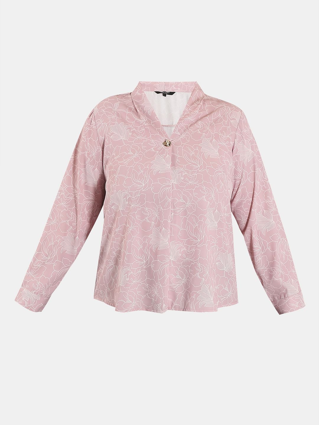 Curve Pink Printed V Neck Top