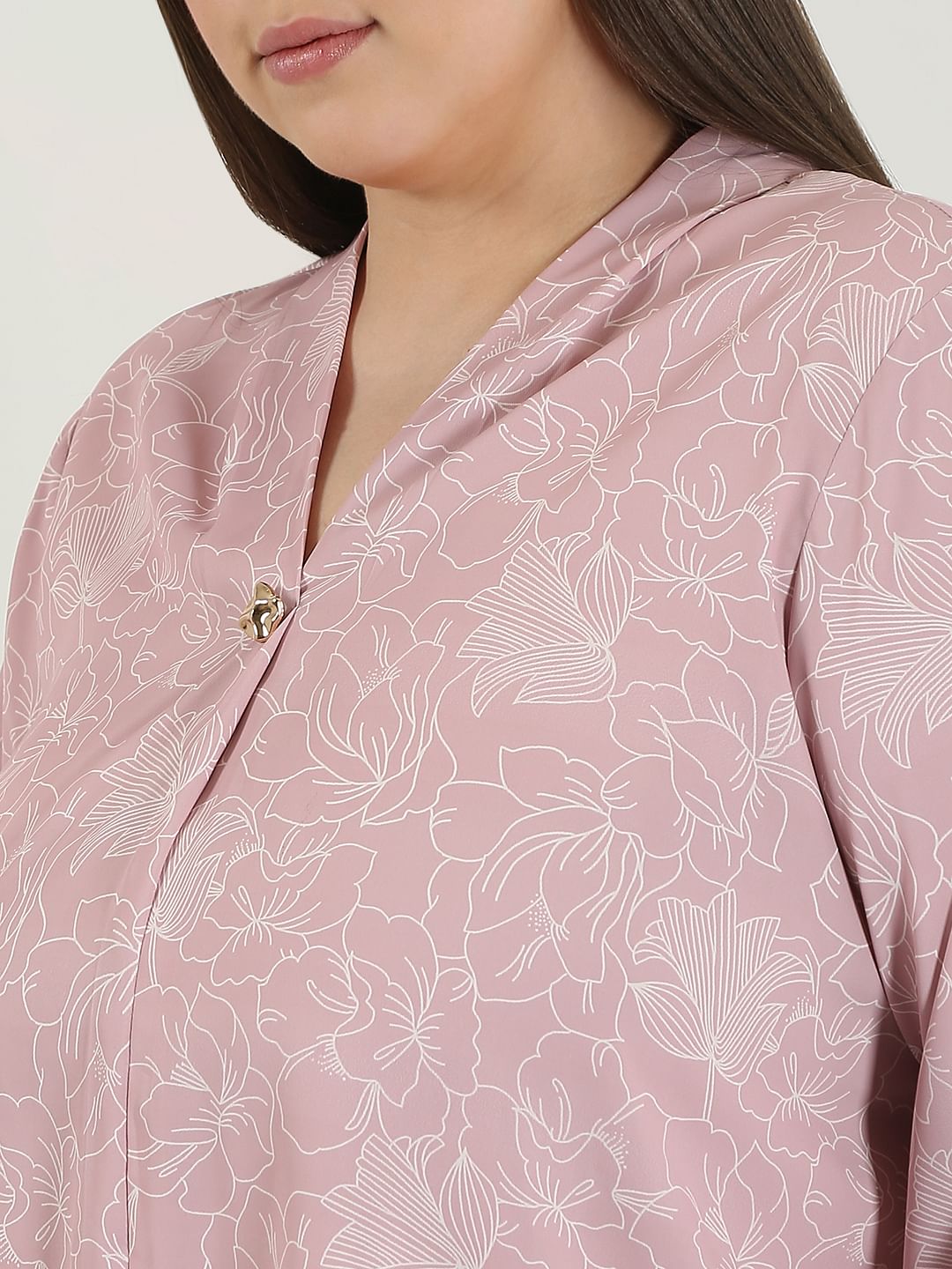 Curve Pink Printed V Neck Top