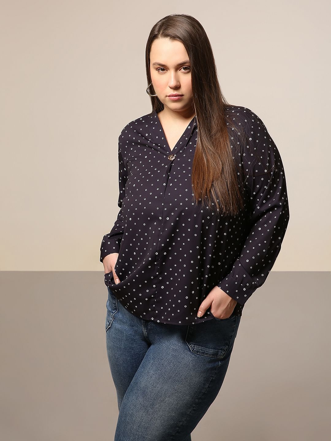 Curve Black Printed V Neck Top