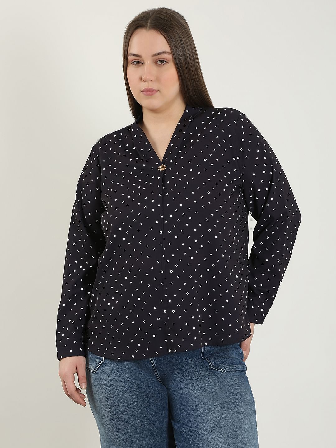 Curve Black Printed V Neck Top