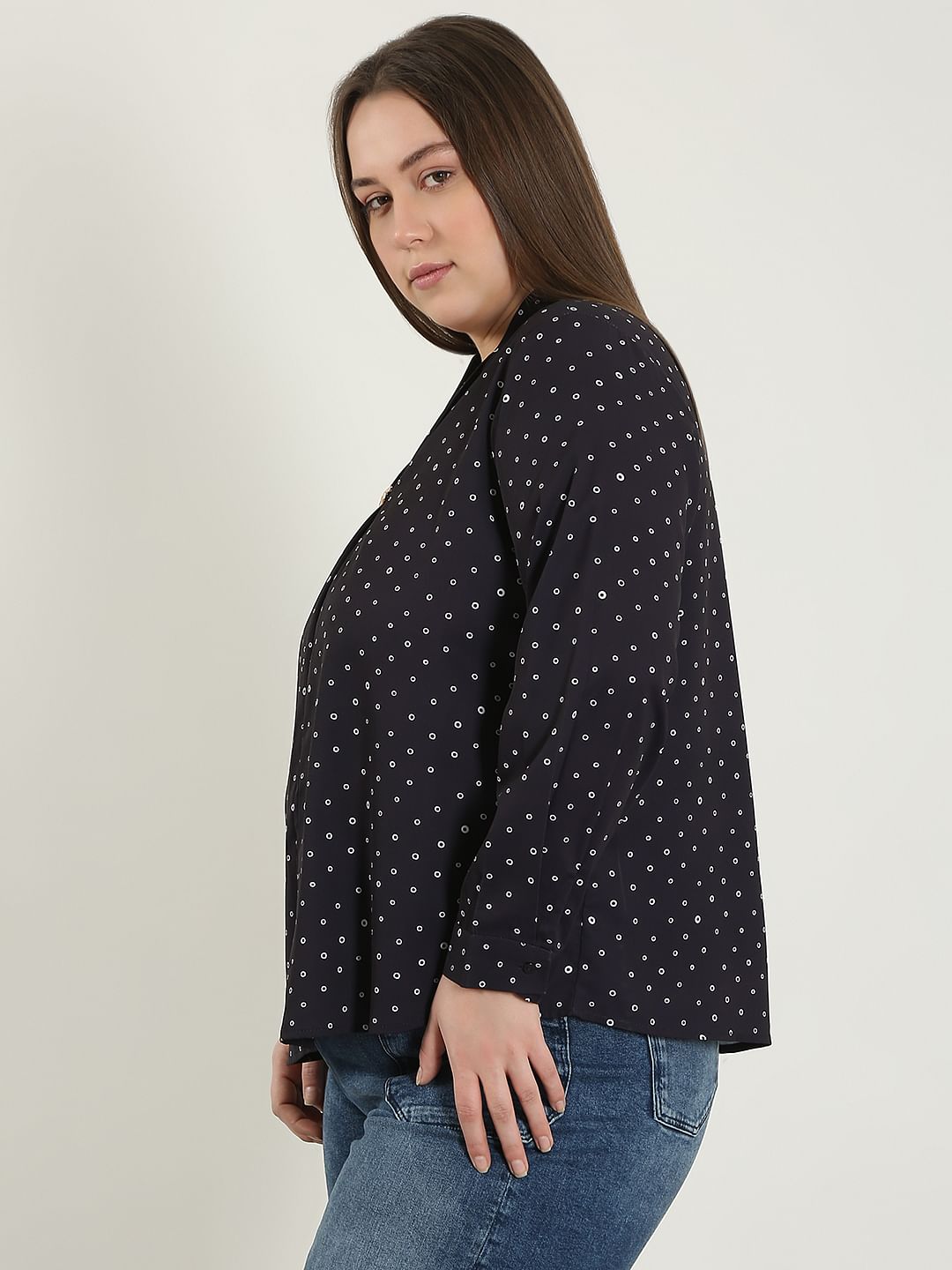Curve Black Printed V Neck Top