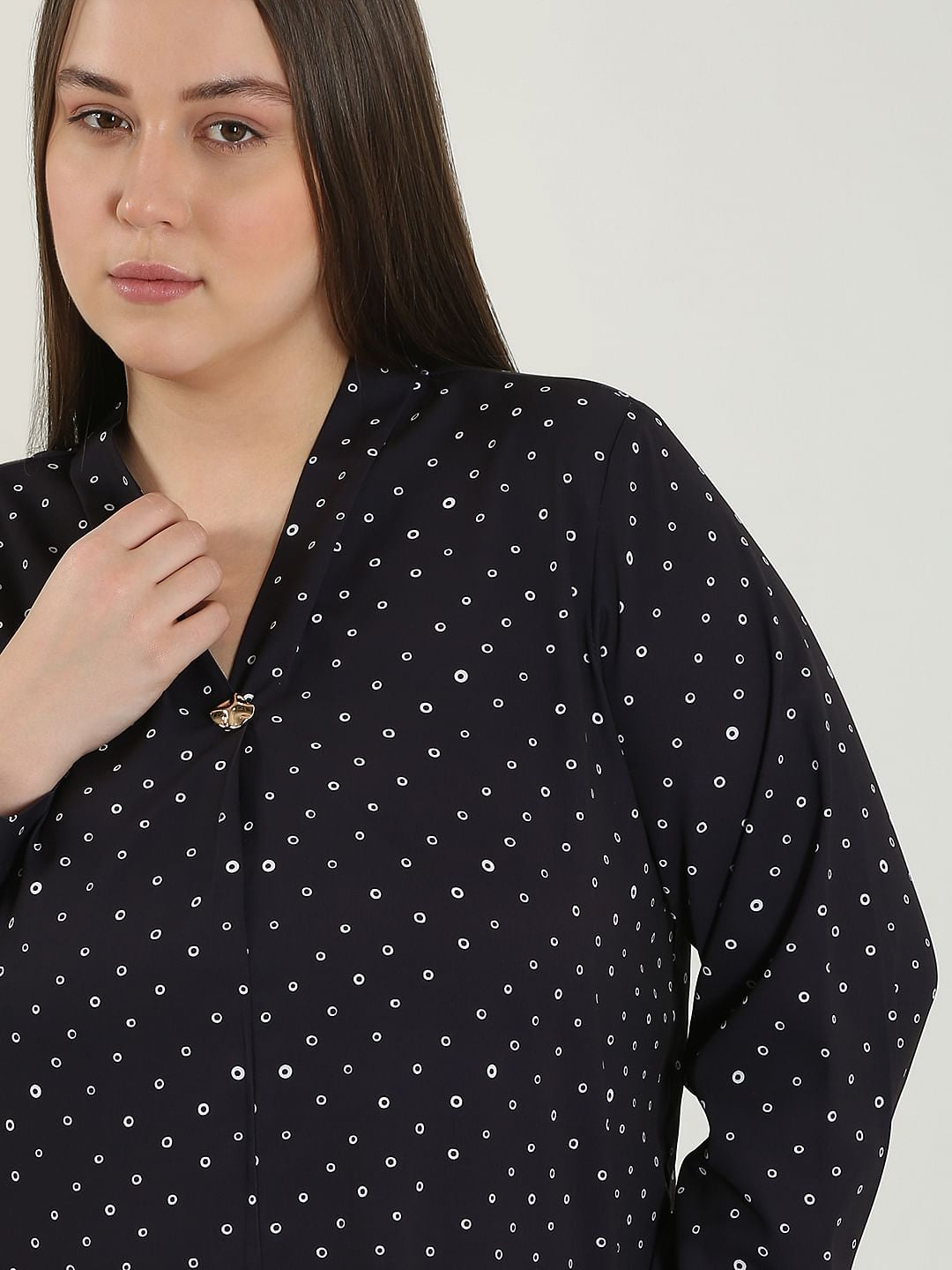 Curve Black Printed V Neck Top