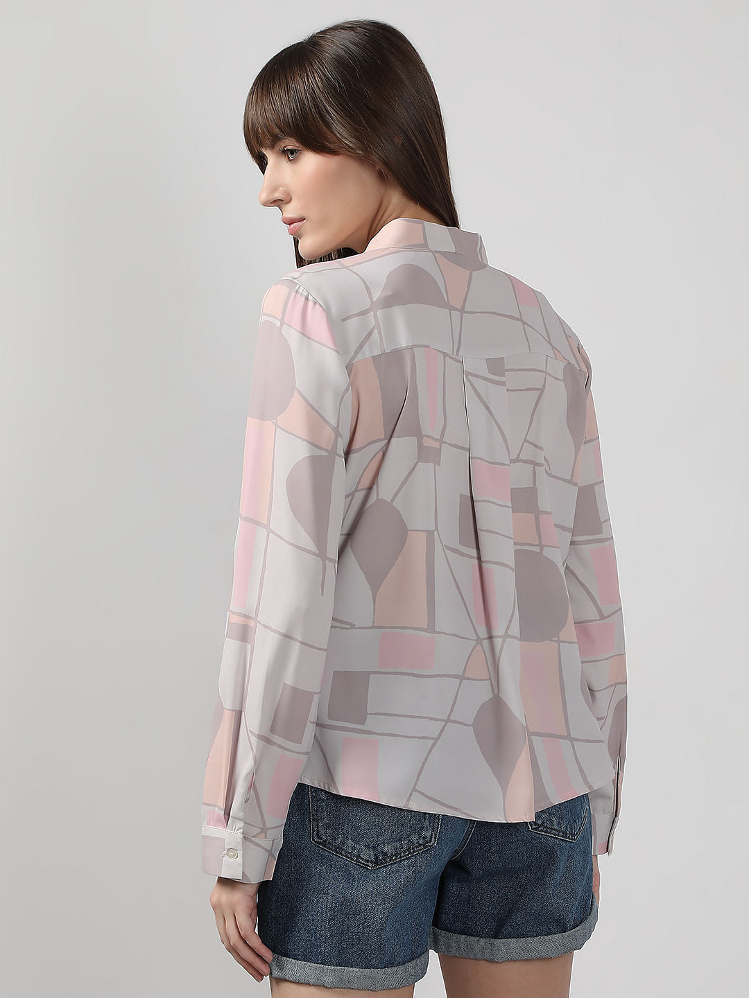 Grey Printed V Neck Top