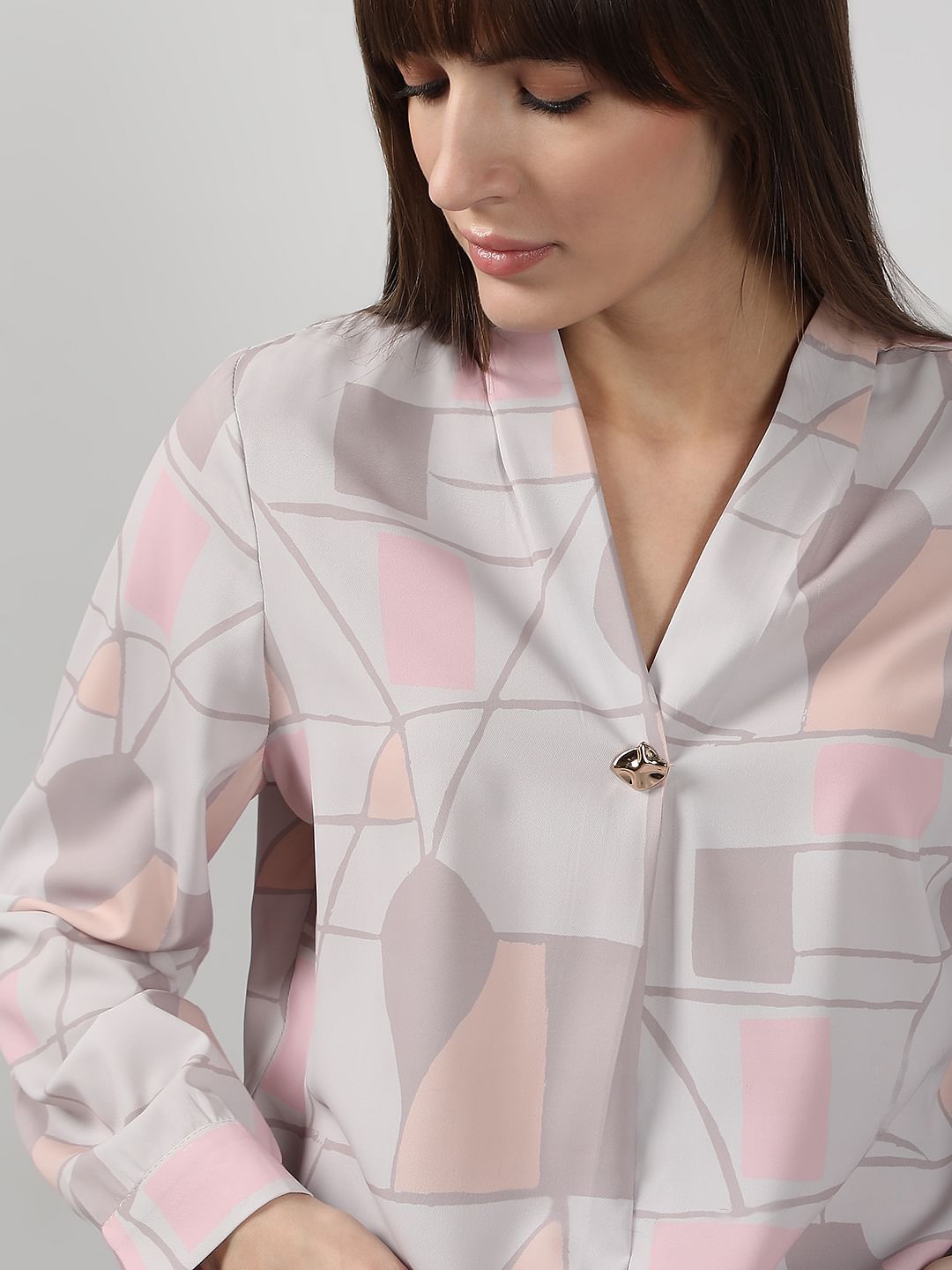 Grey Printed V Neck Top