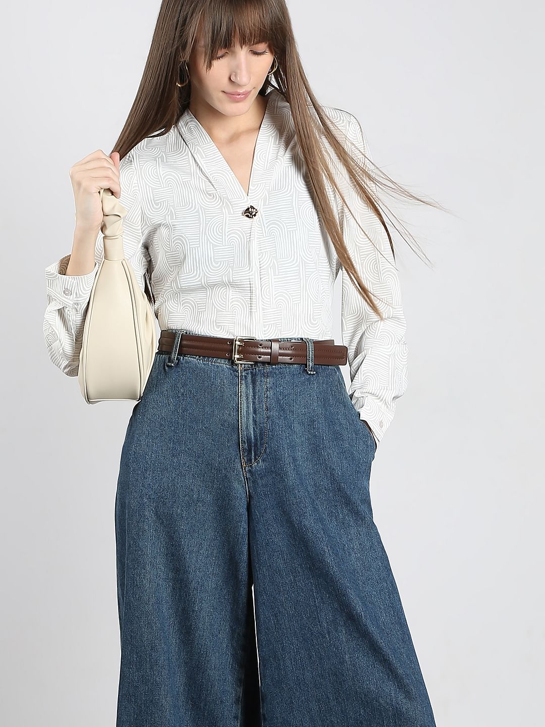 Beige Printed V Neck Top