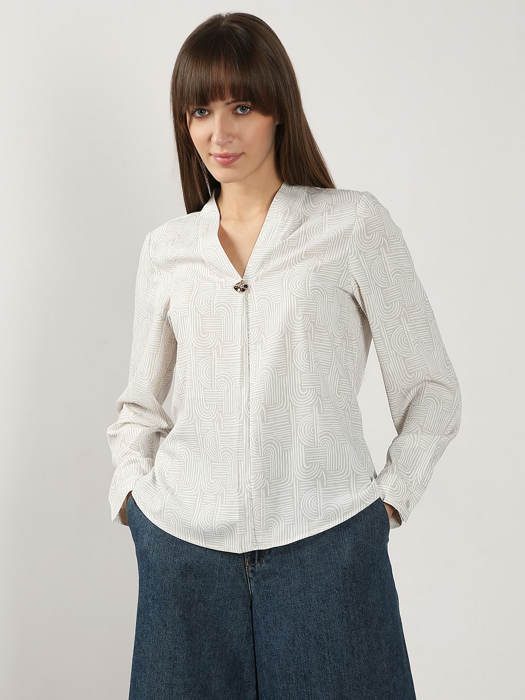 Beige Printed V Neck Top