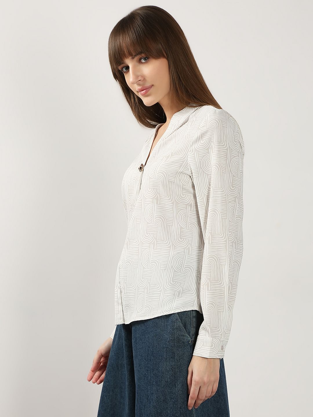 Beige Printed V Neck Top