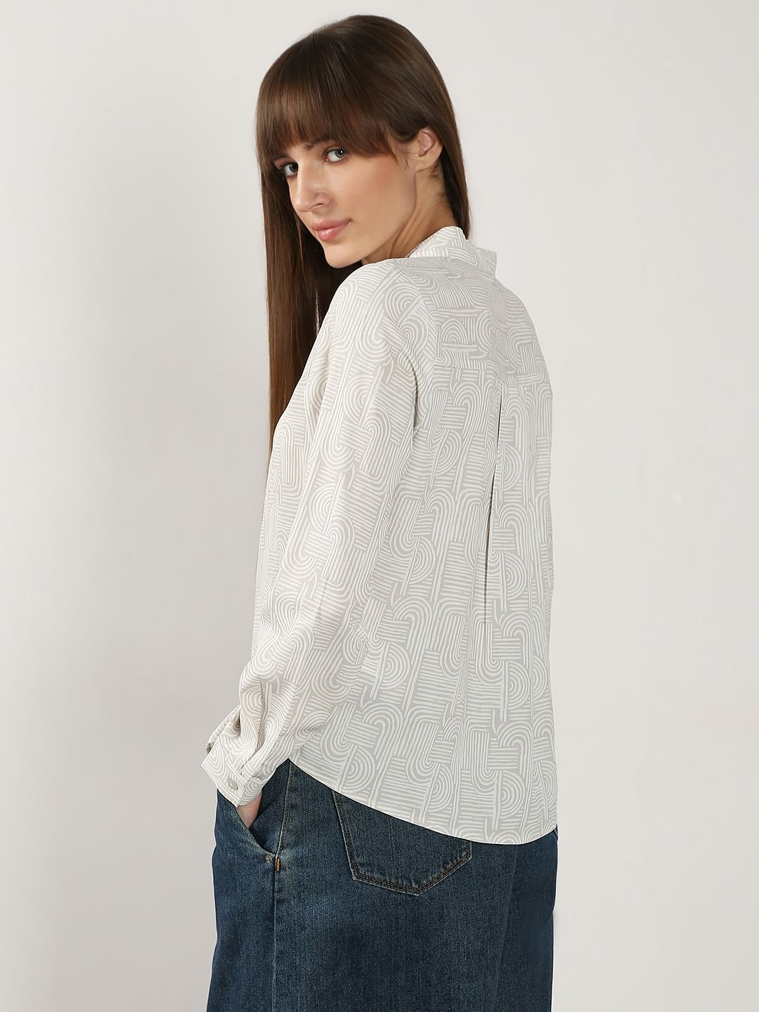 Beige Printed V Neck Top