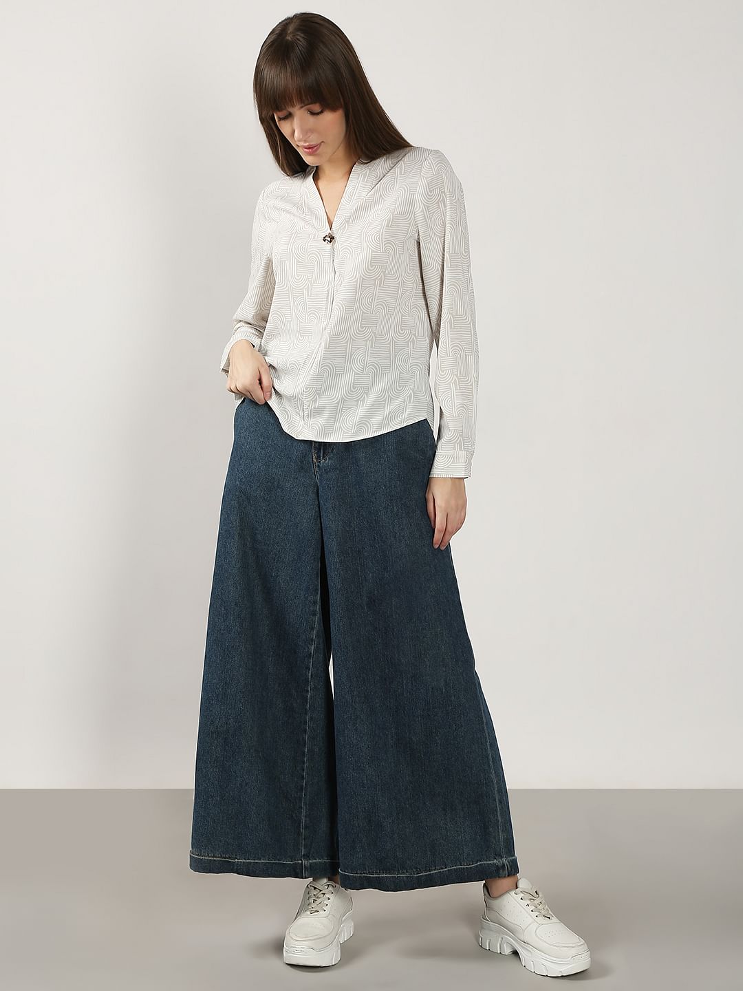 Beige Printed V Neck Top