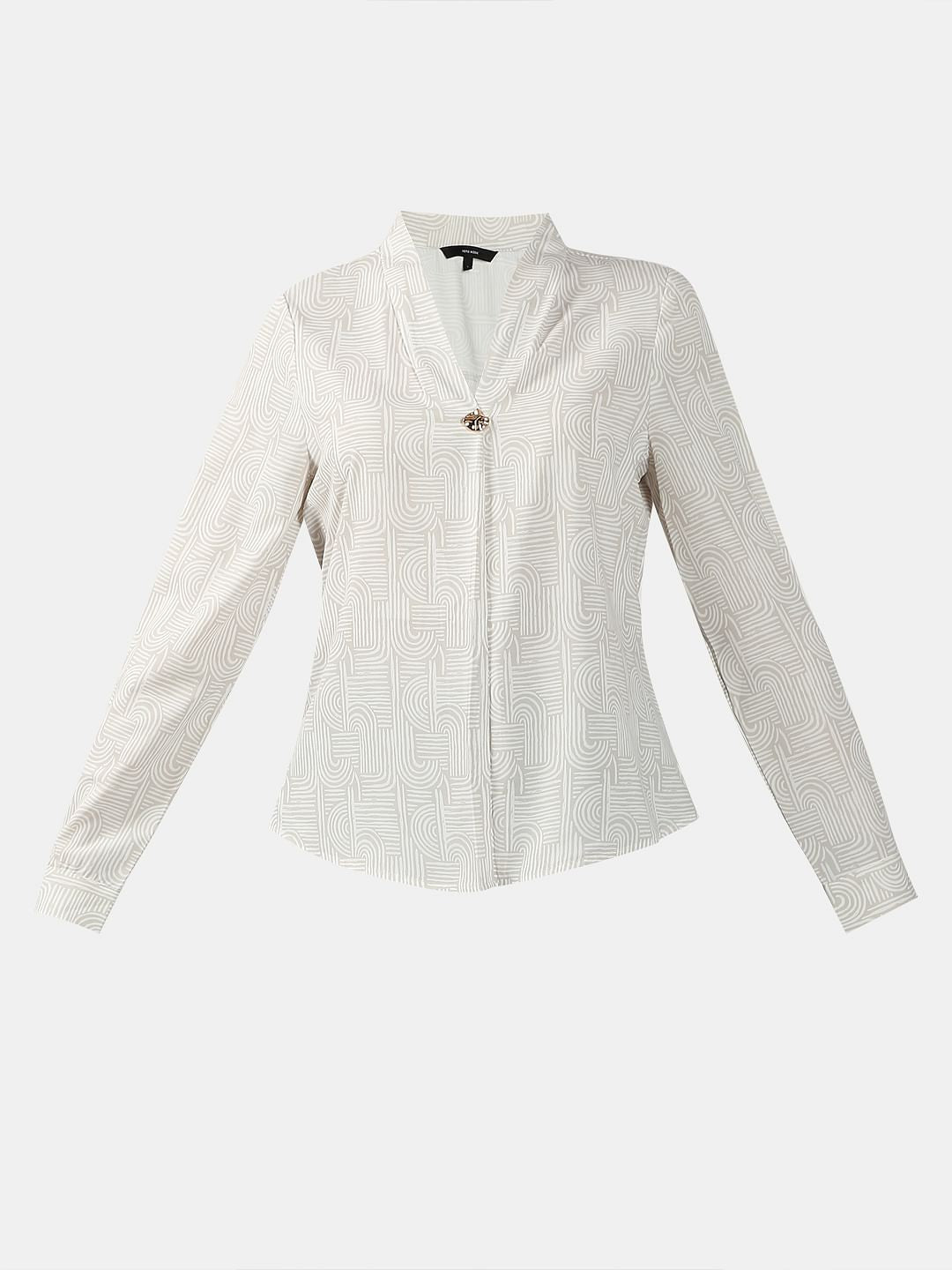 Beige Printed V Neck Top