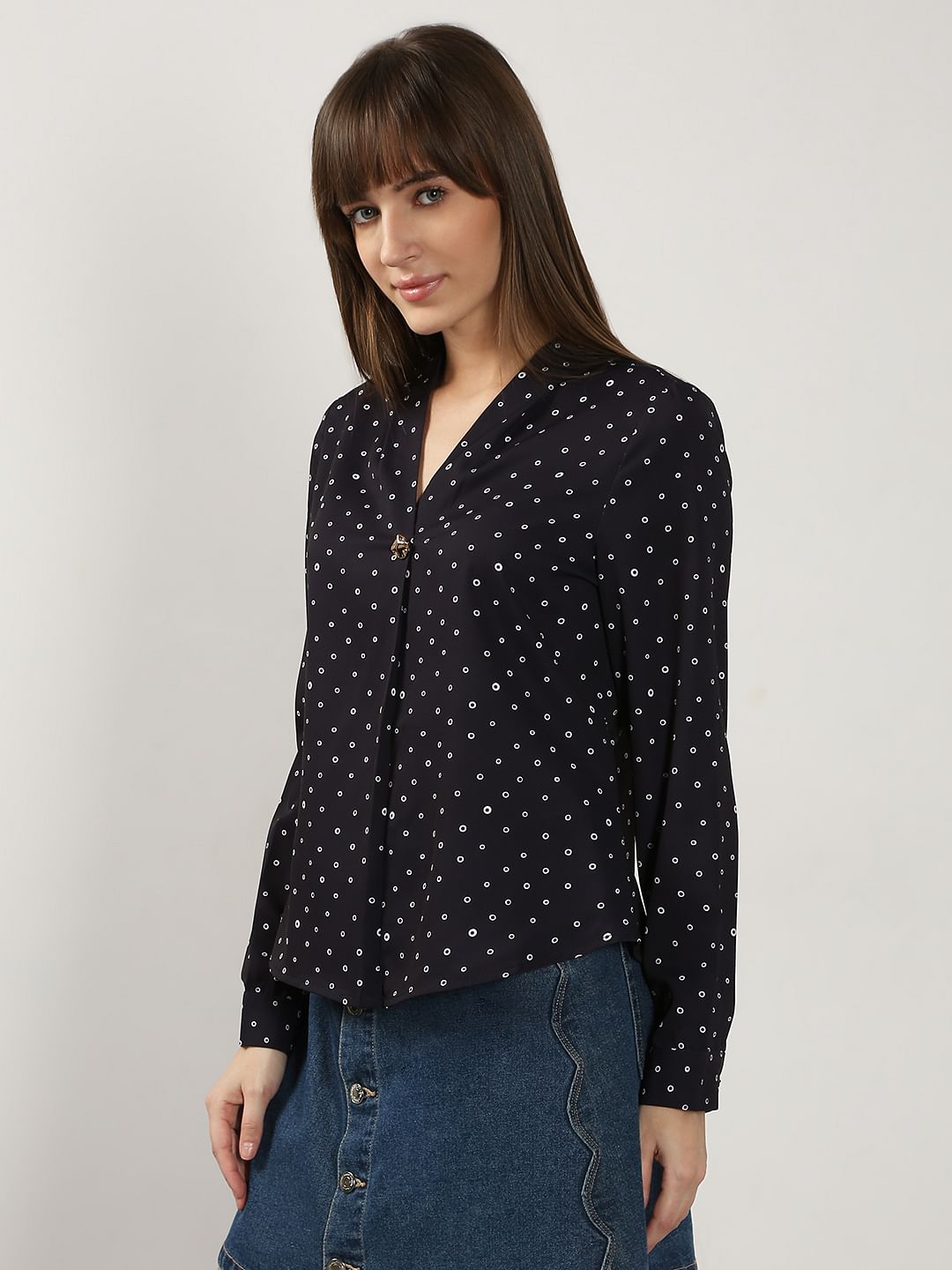 Black Printed V Neck Top