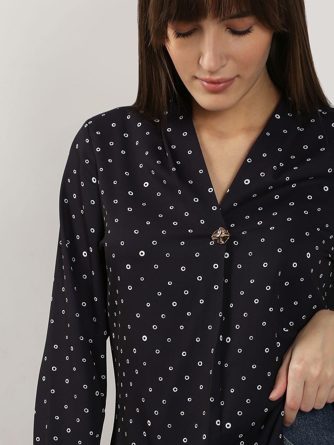 Black Printed V Neck Top