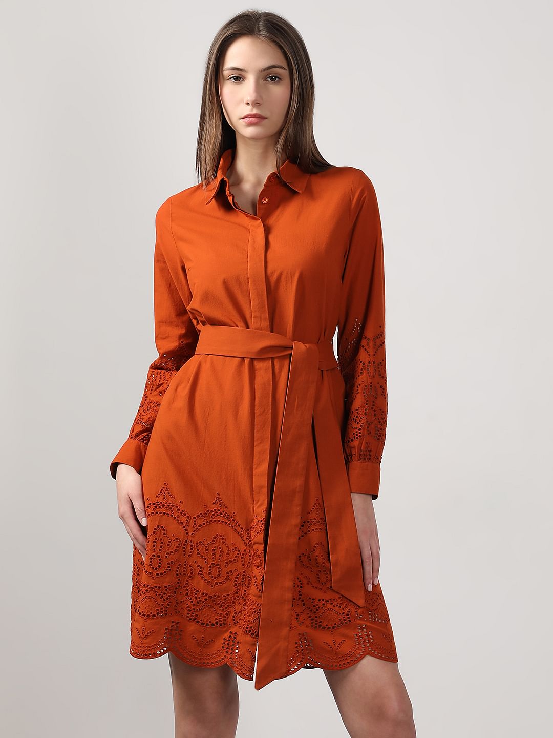 Rust Orange Schiffli Detail Cotton Dress