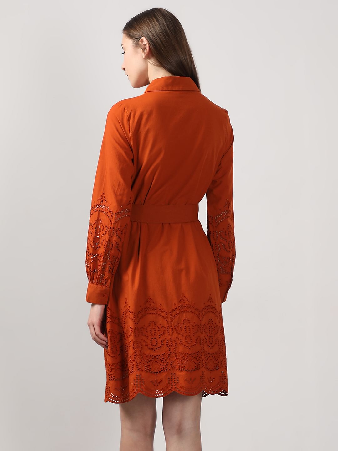Rust Orange Schiffli Detail Cotton Dress