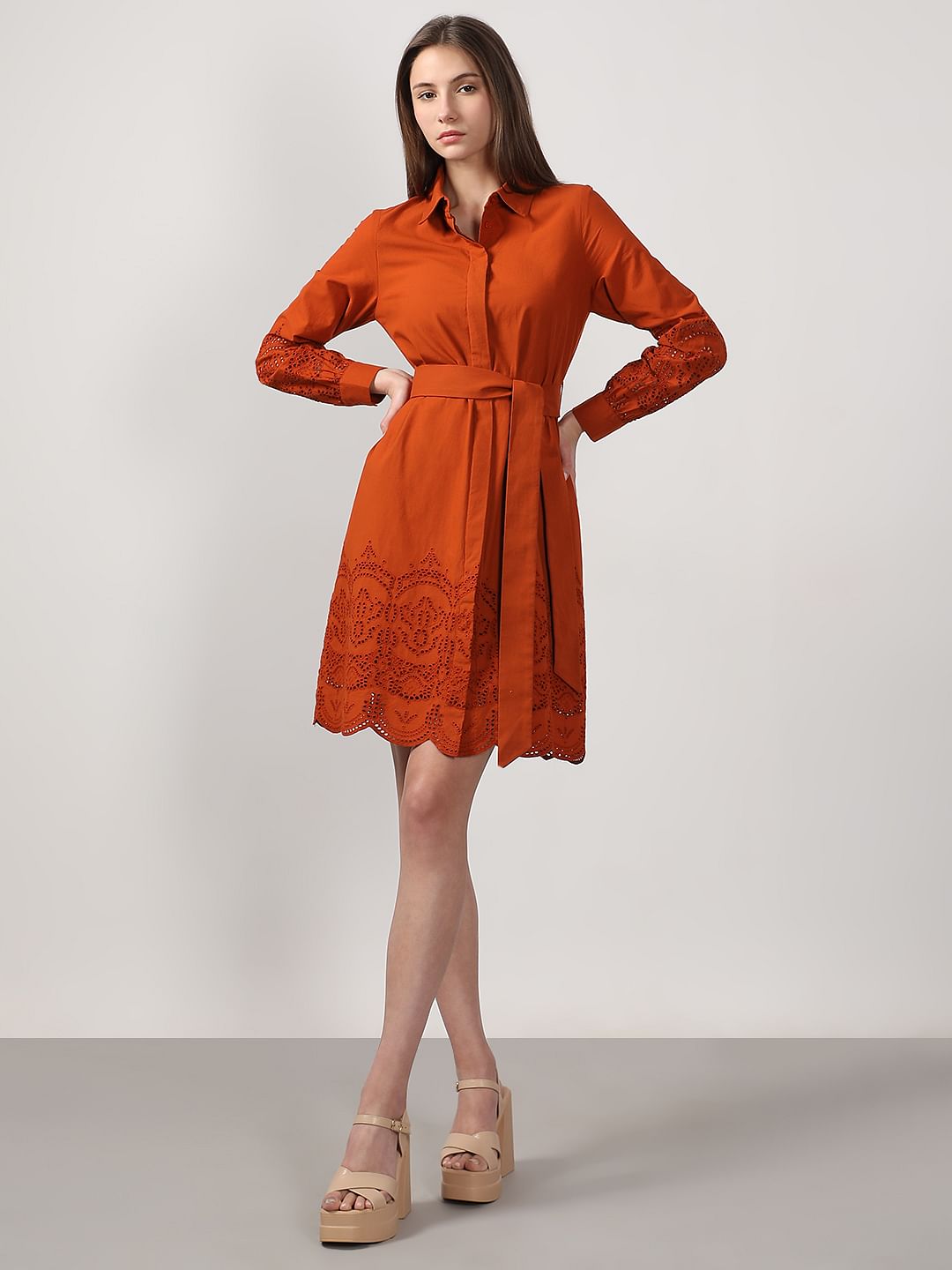Rust Orange Schiffli Detail Cotton Dress