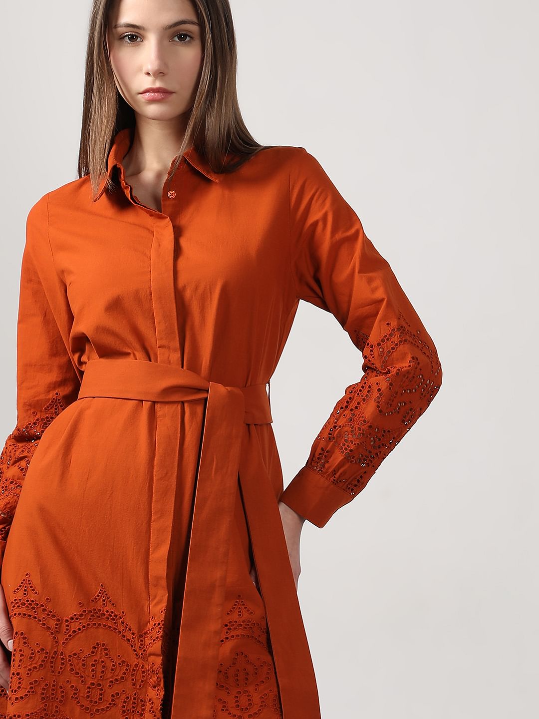 Rust Orange Schiffli Detail Cotton Dress