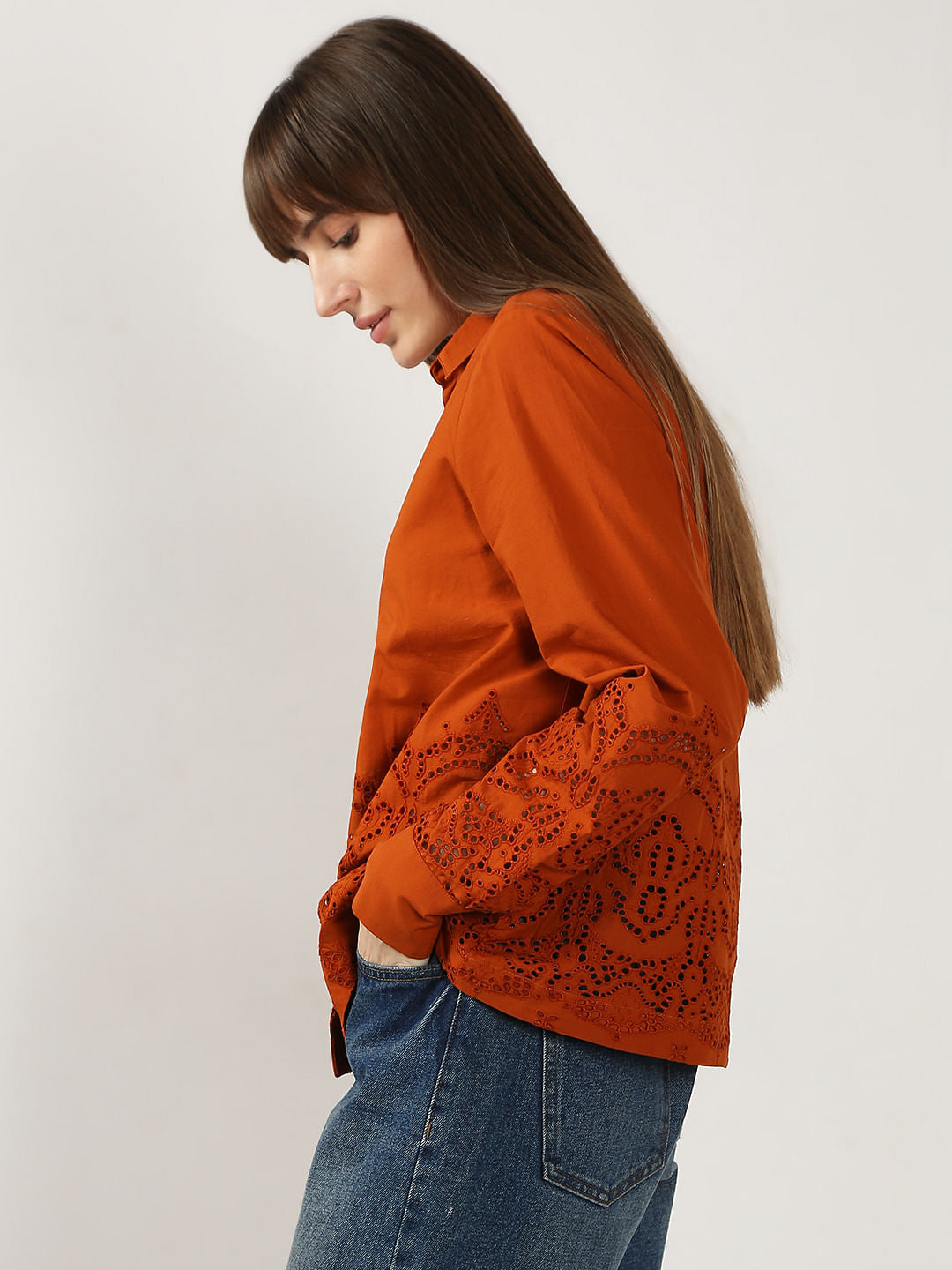 Rust Red Schiffli Cotton Shirt