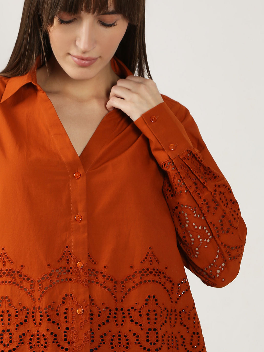Rust Red Schiffli Cotton Shirt