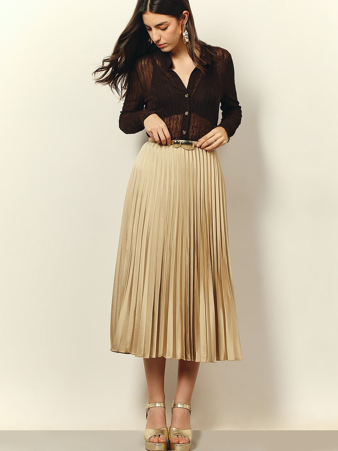 Beige High Rise Pleated Midi Skirt