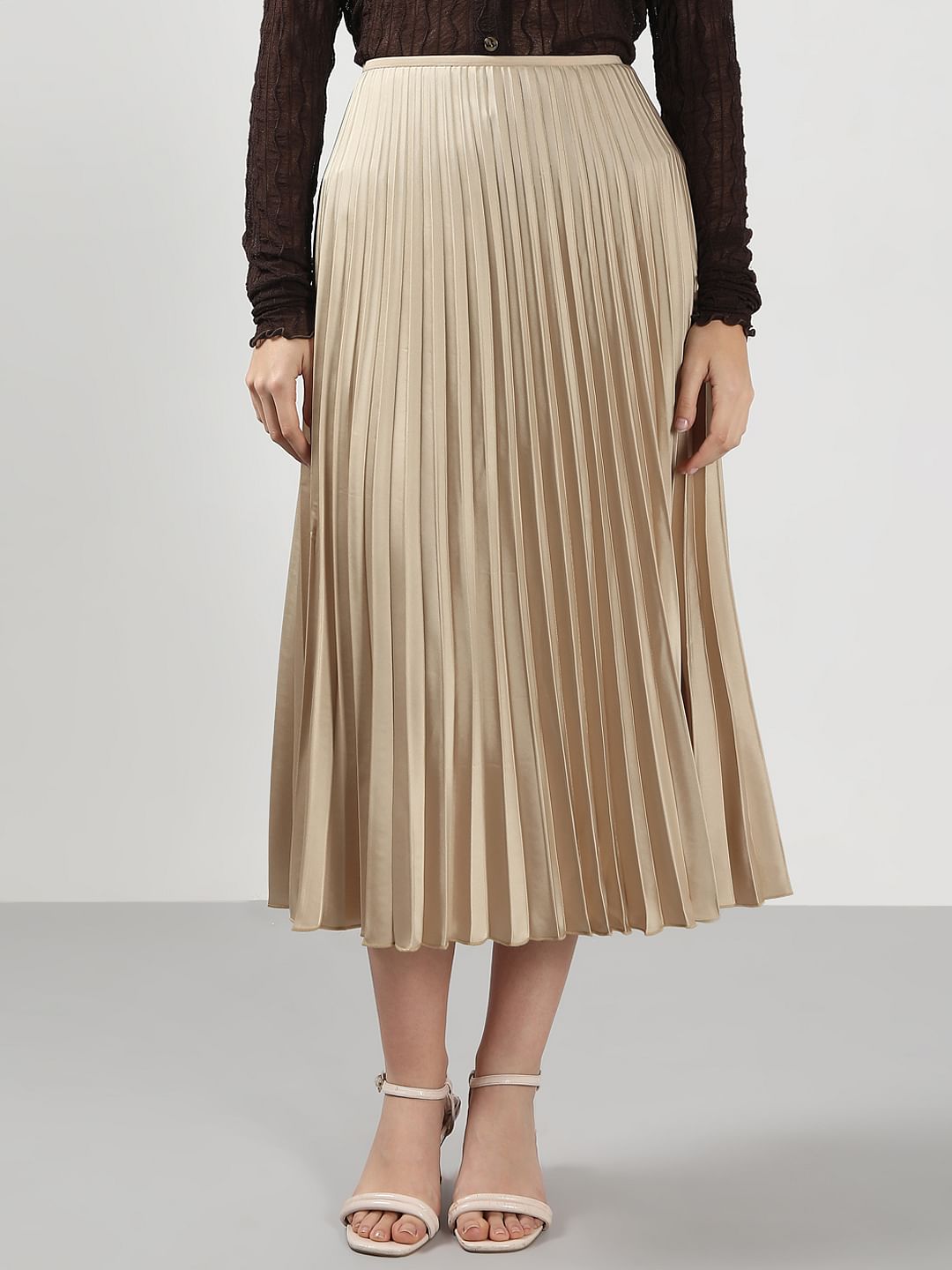 Beige High Rise Pleated Midi Skirt