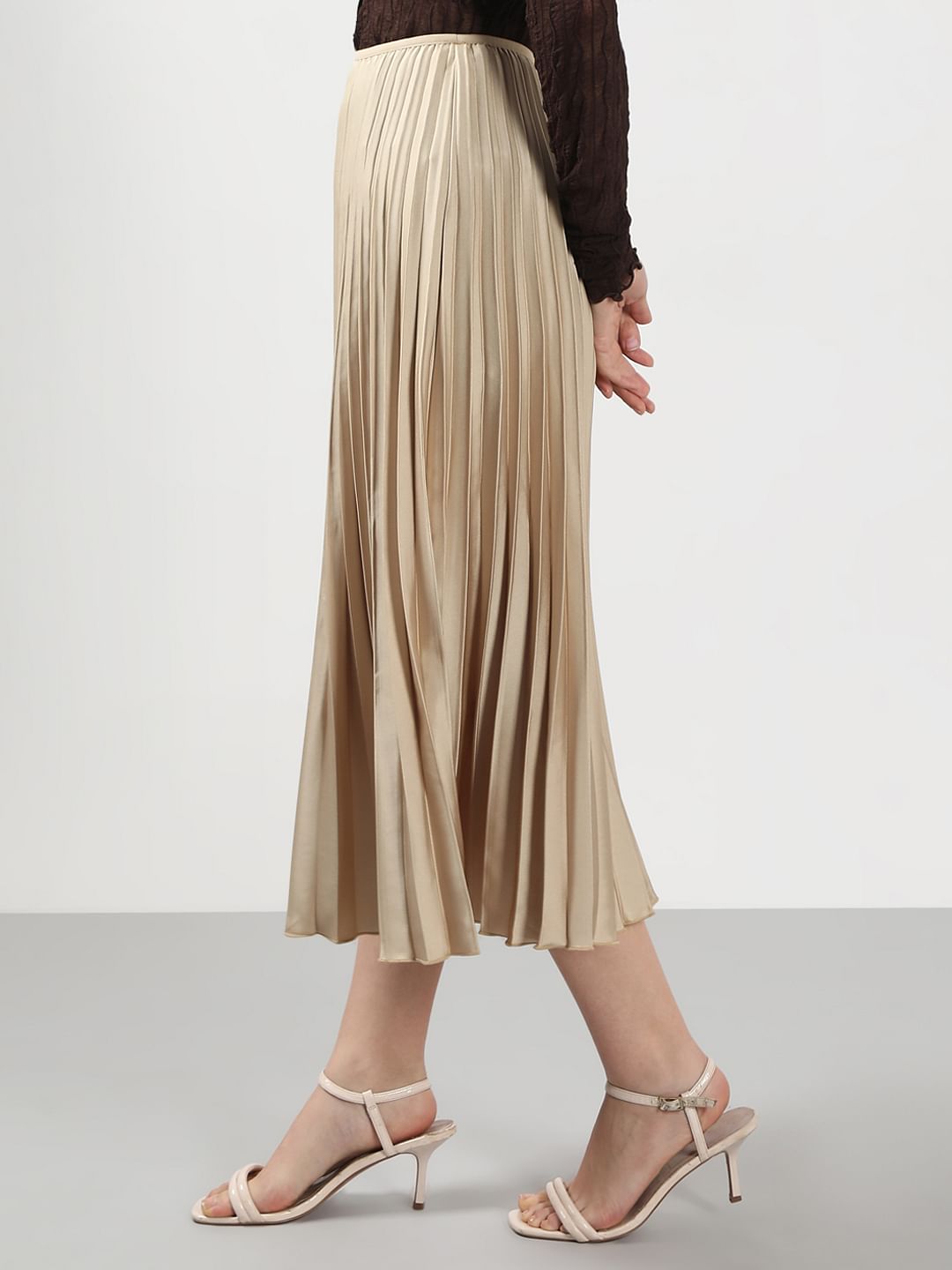 Beige High Rise Pleated Midi Skirt