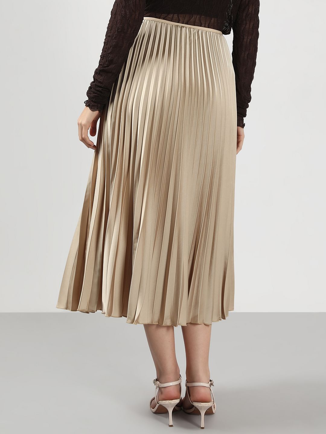 Beige High Rise Pleated Midi Skirt