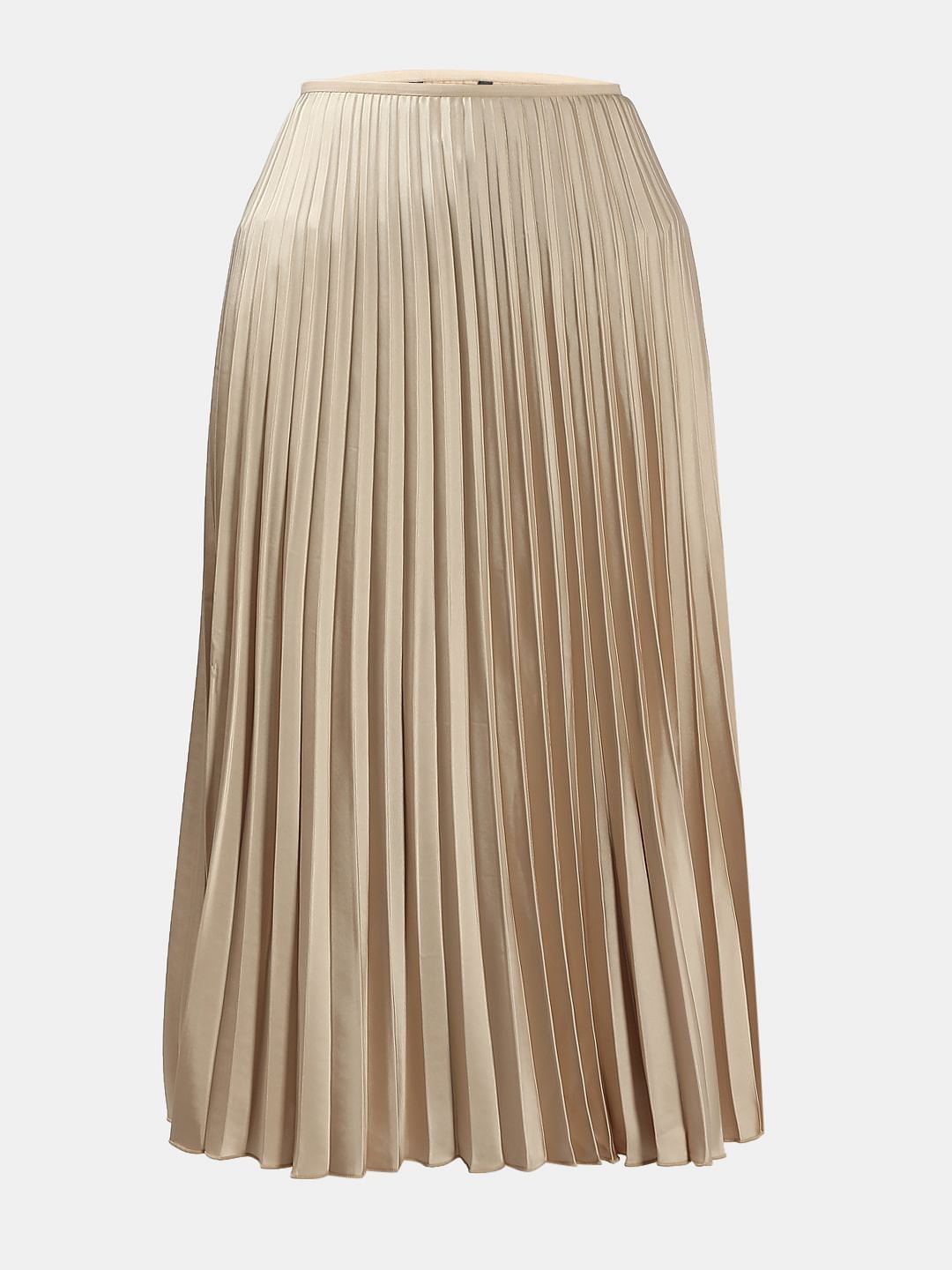 Beige High Rise Pleated Midi Skirt