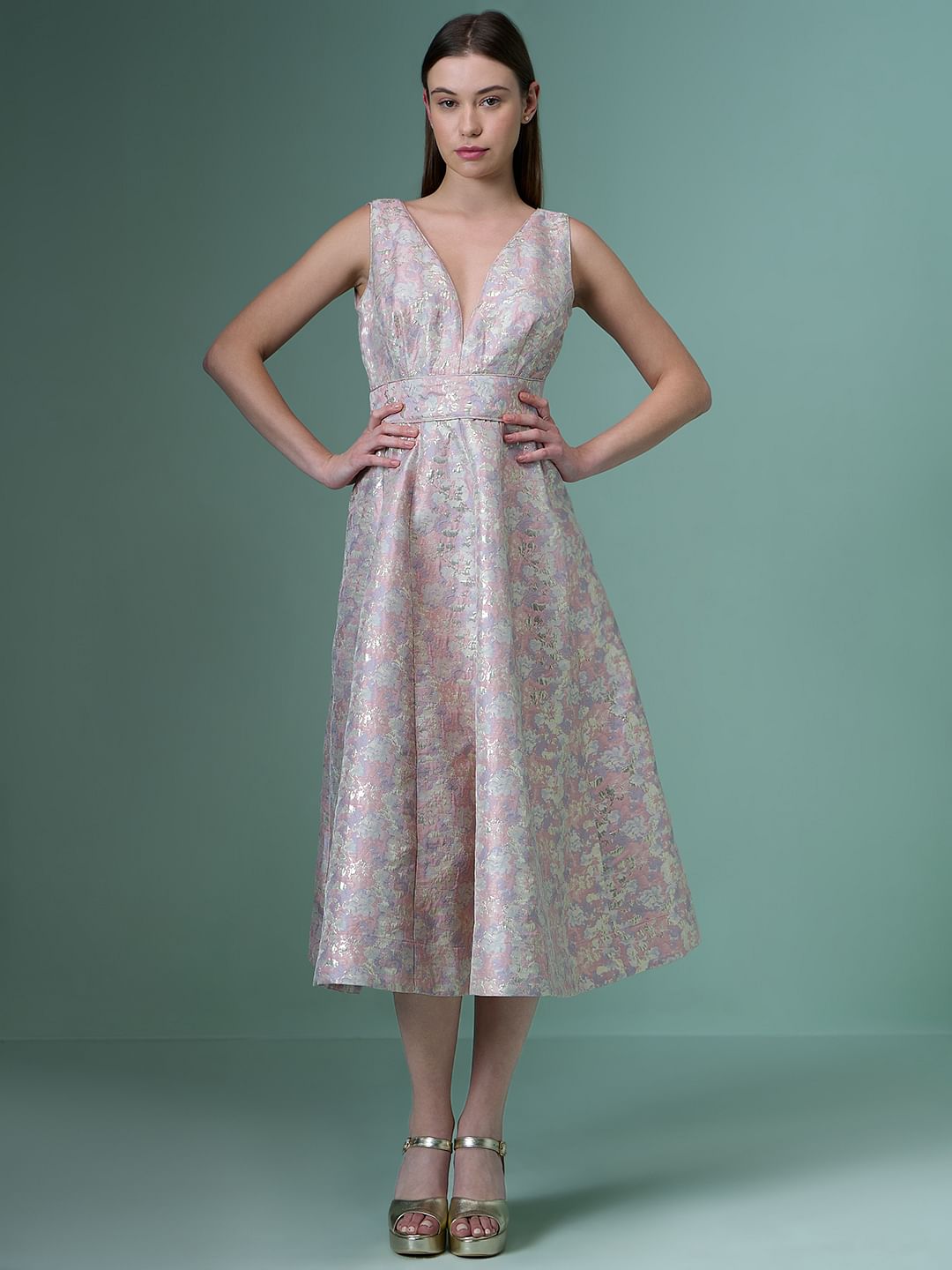 Marquee Pink Floral Plunge Neckline Dress