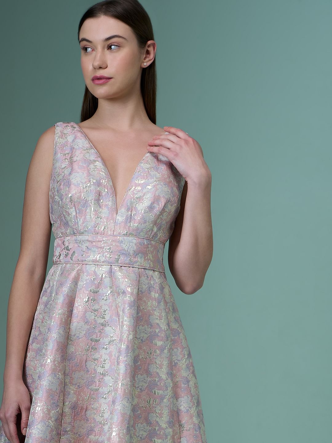 Marquee Pink Floral Plunge Neckline Dress
