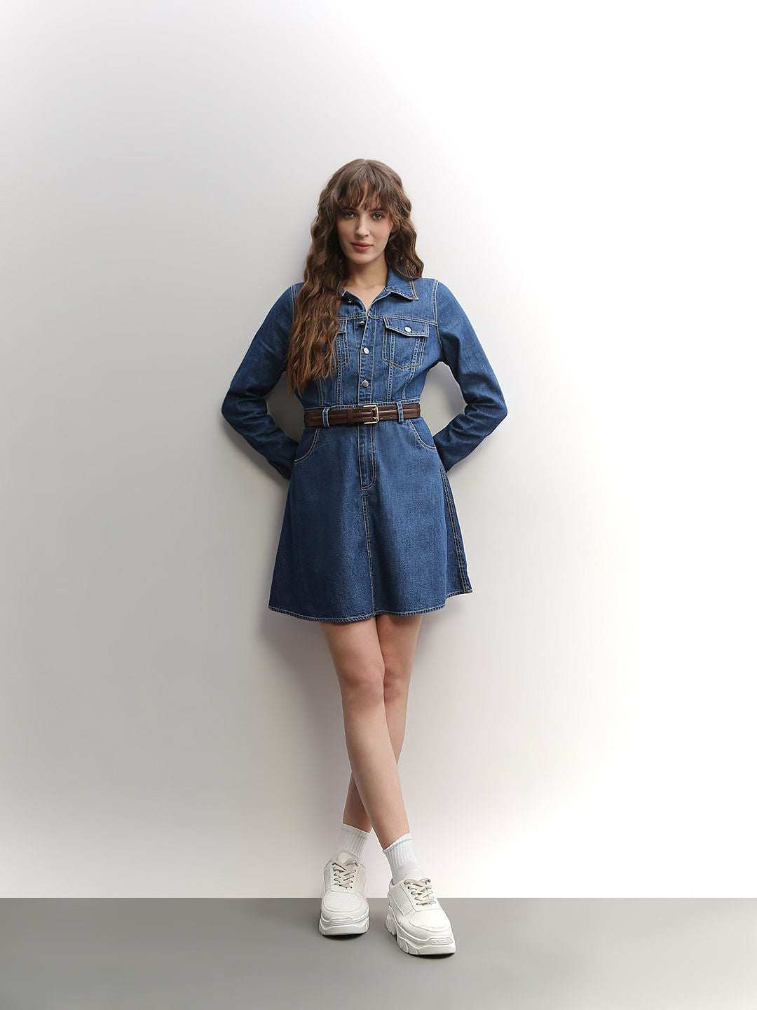 Blue Cotton Fit & Flare Denim Dress