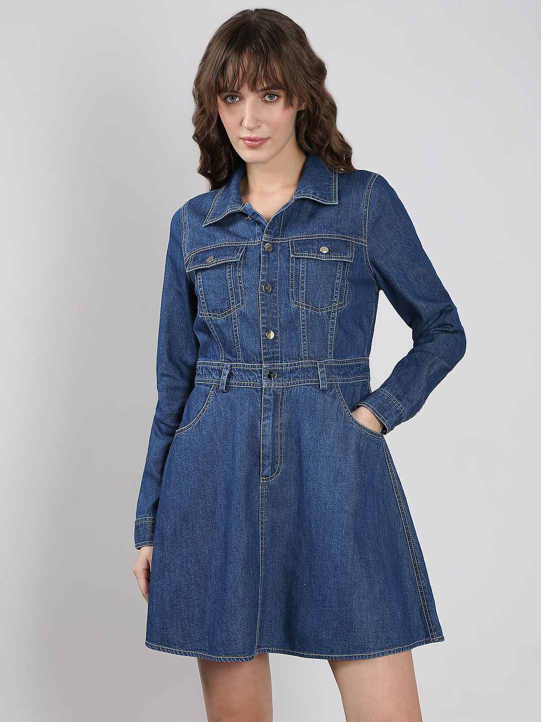 Blue Cotton Fit & Flare Denim Dress