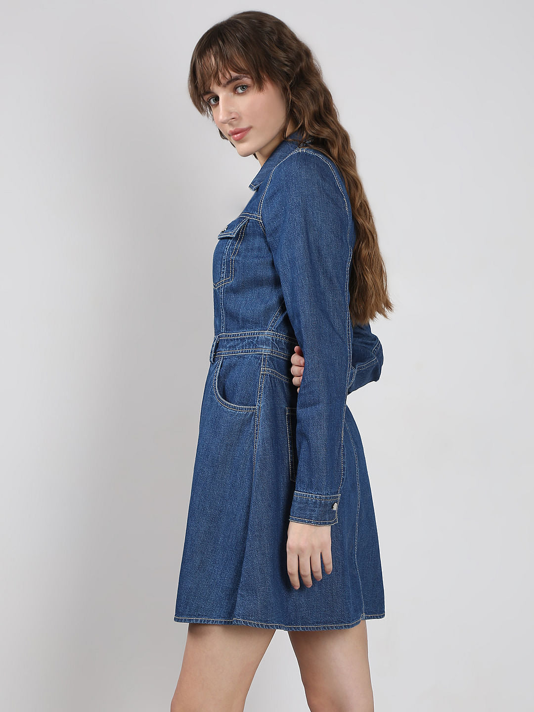 Blue Cotton Fit & Flare Denim Dress