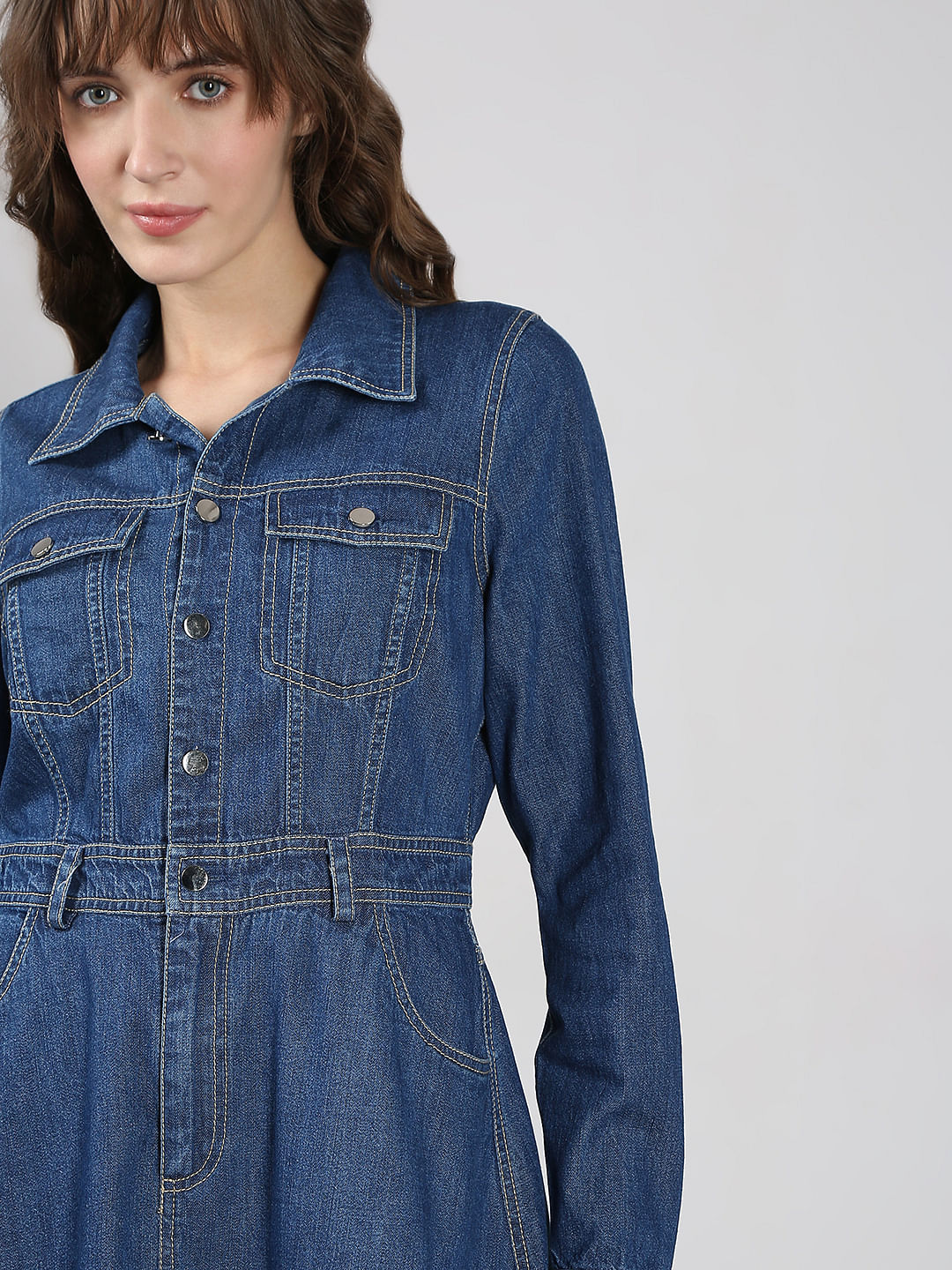 Blue Cotton Fit & Flare Denim Dress