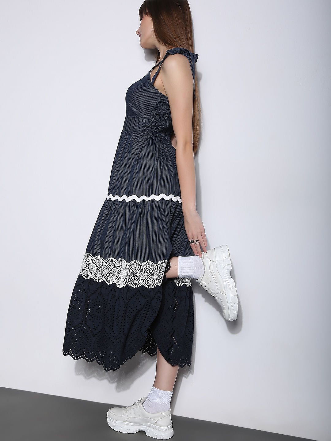 Navy Blue Striped Midaxi Dress