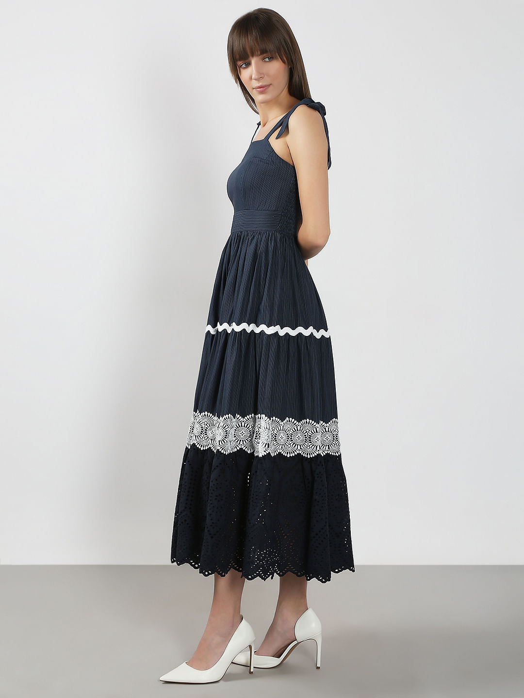 Navy Blue Striped Midaxi Dress