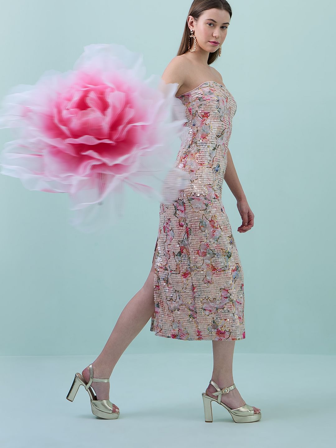 Marquee Pink Sequin Floral Detail Off-Shoulder Dress