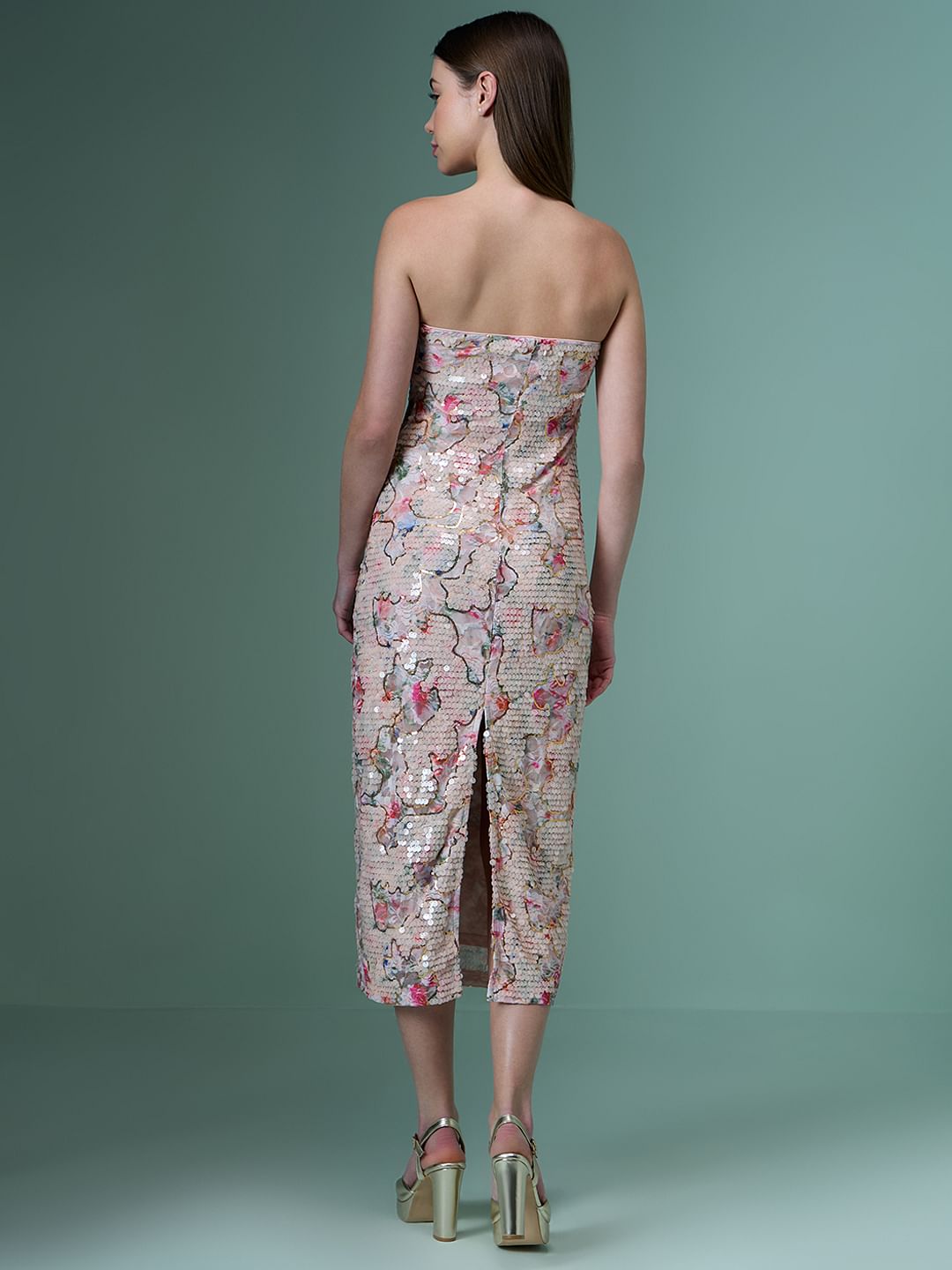 Marquee Pink Sequin Floral Detail Off-Shoulder Dress