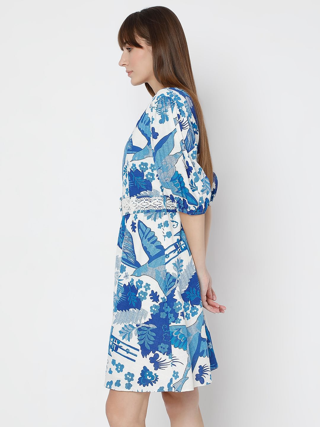 White & Blue Printed Short Dress