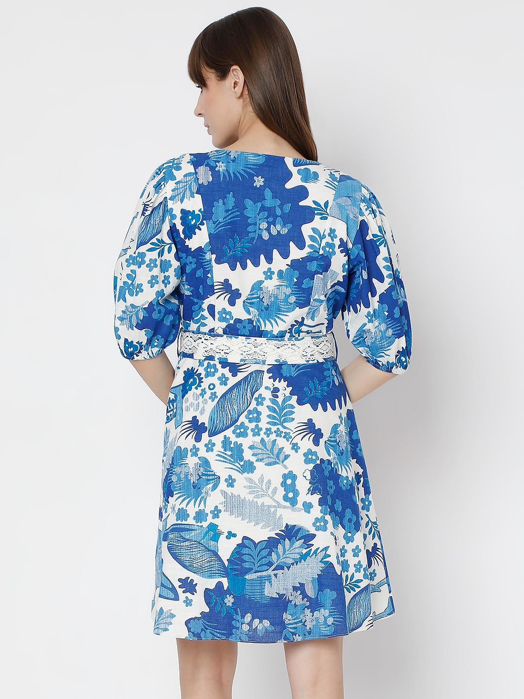 White & Blue Printed Short Dress