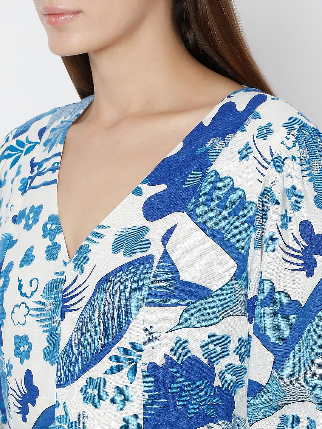 White & Blue Printed Short Dress