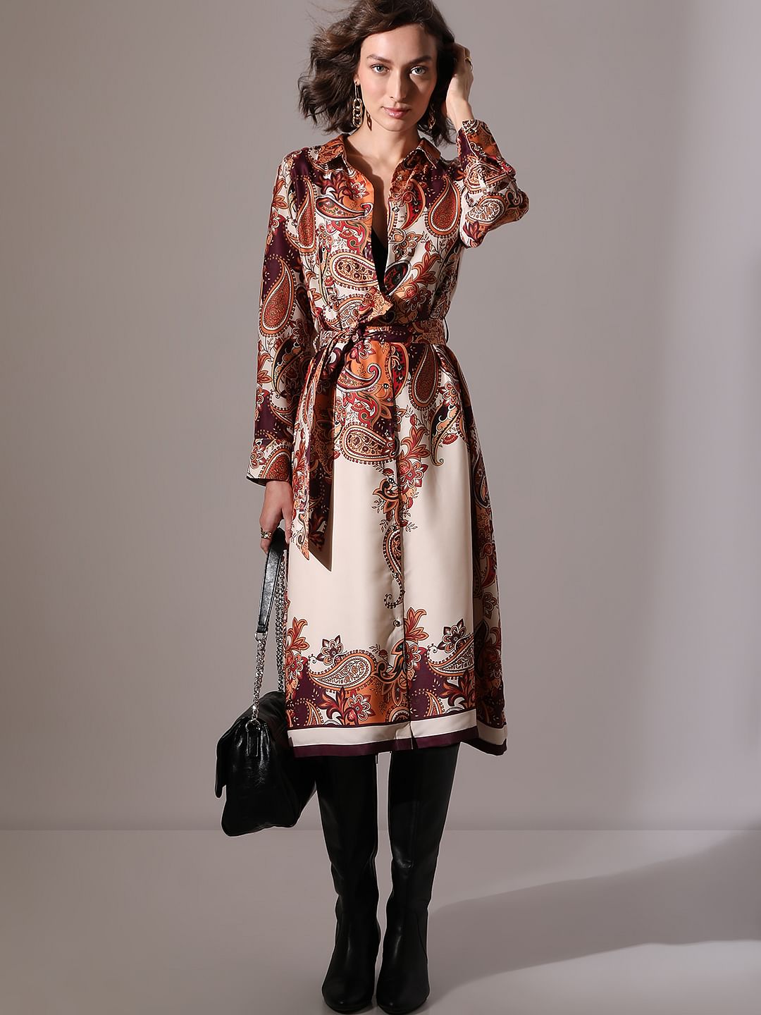 Brown Paisley Printed Shirt Dress