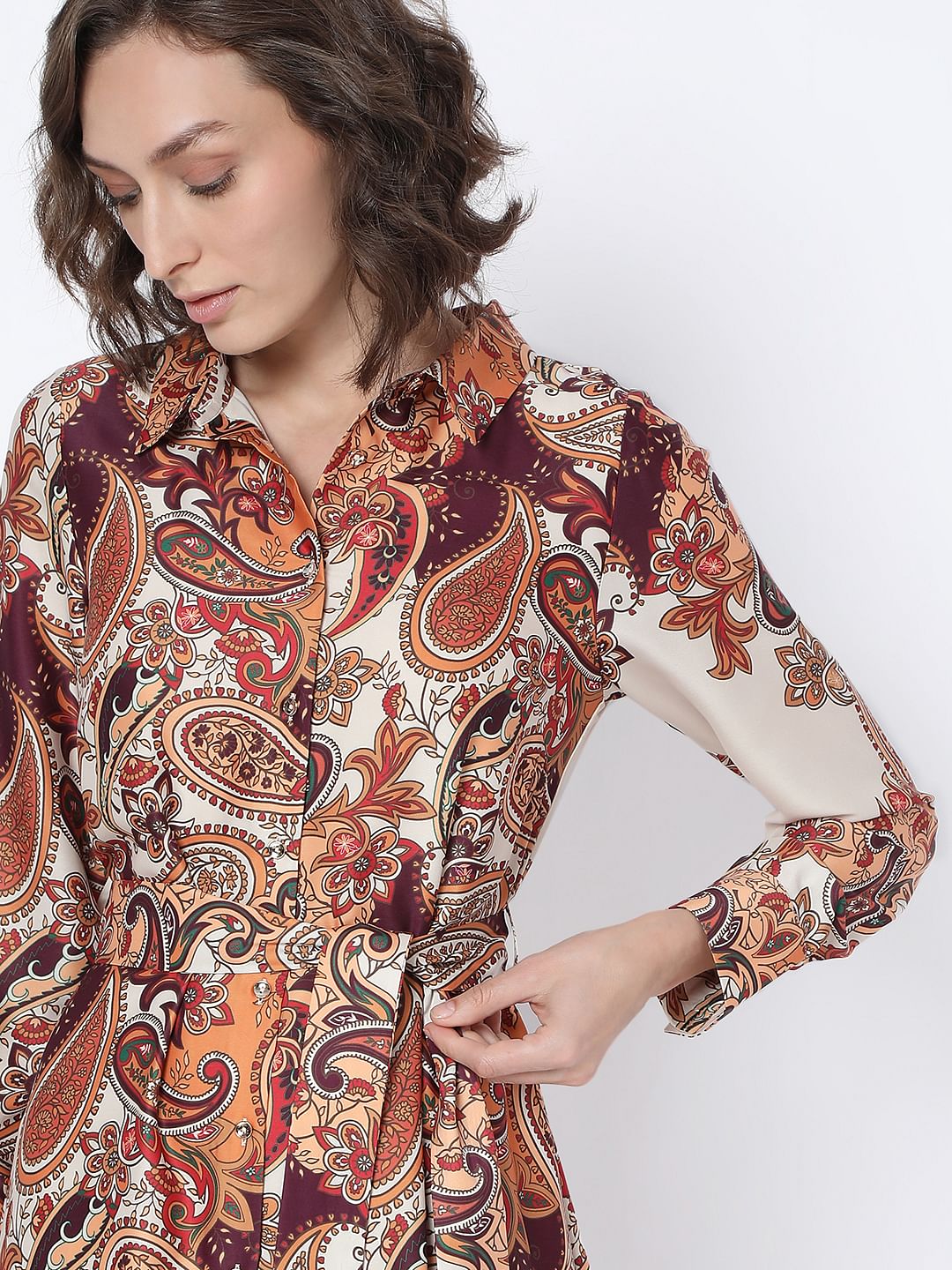 Brown Paisley Printed Shirt Dress