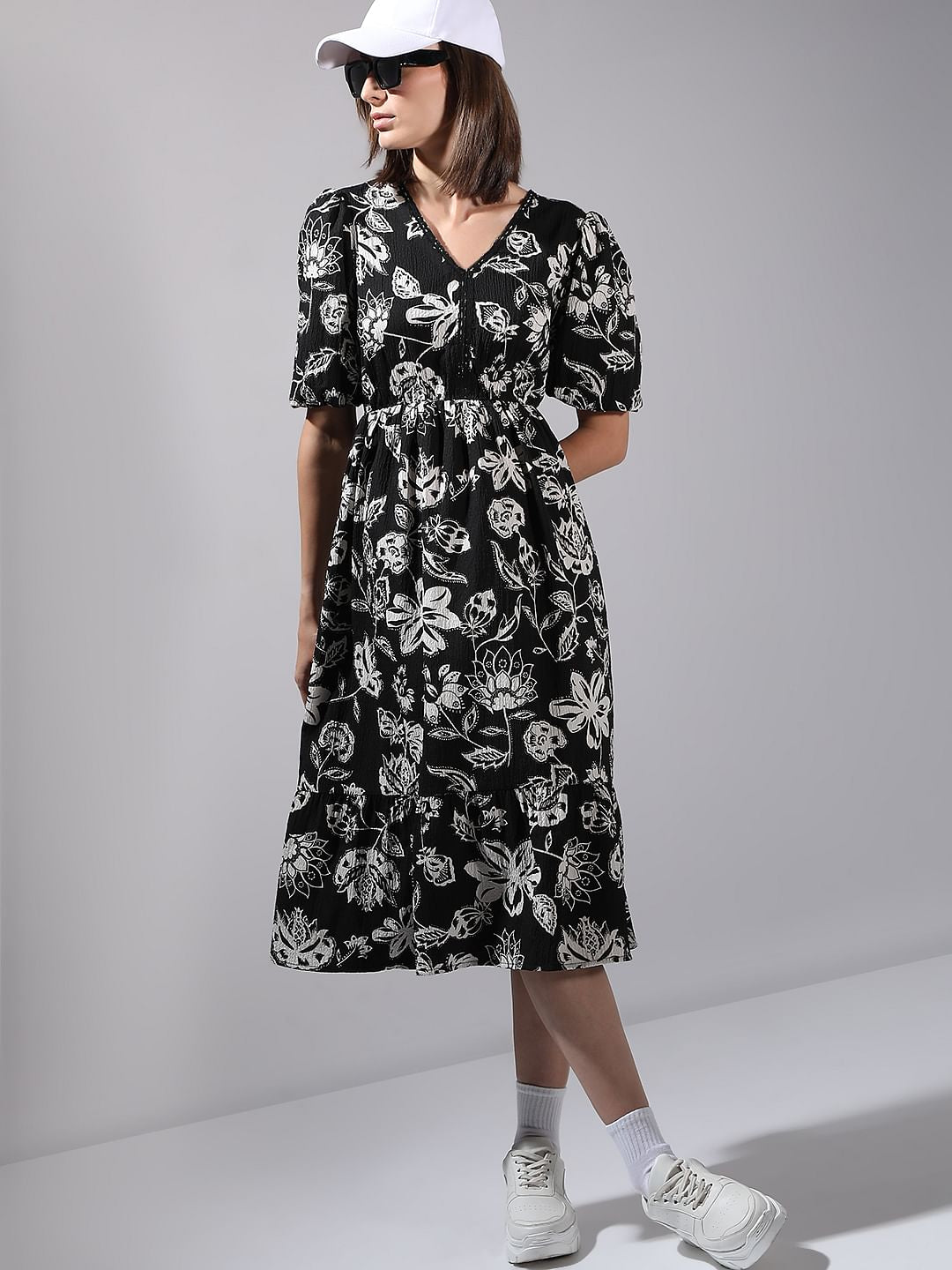 Black Printed Cotton Midi Dress