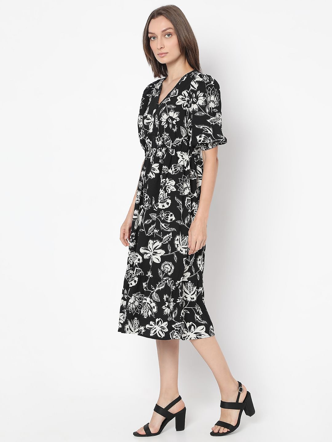 Black Printed Cotton Midi Dress