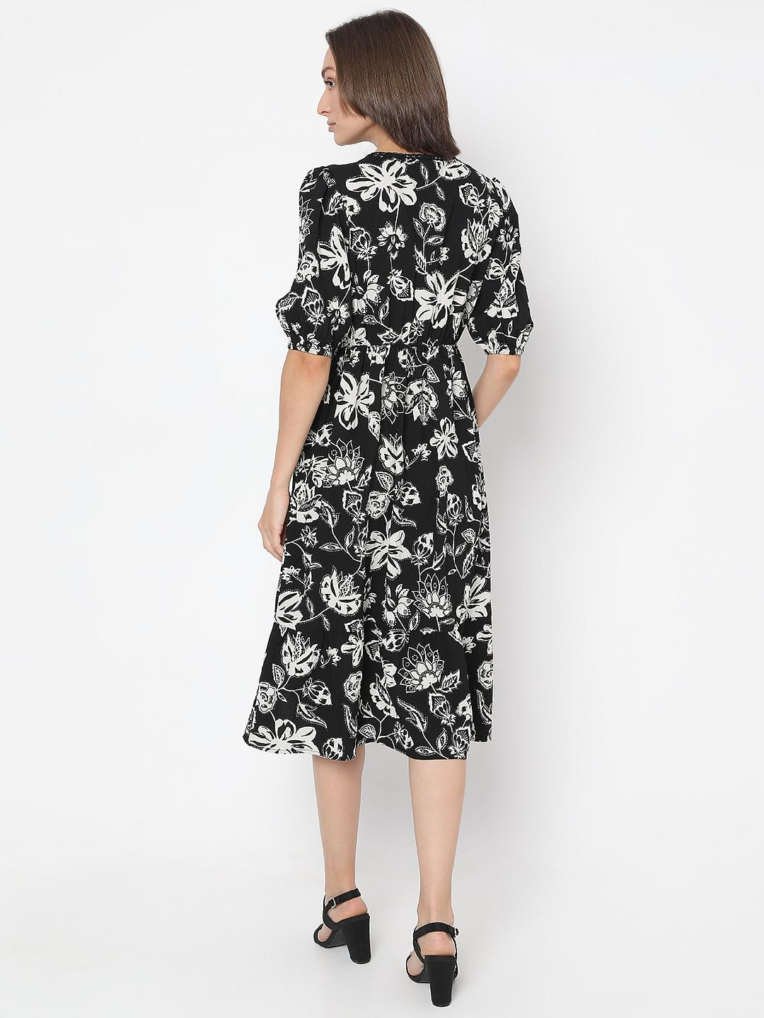 Black Printed Cotton Midi Dress